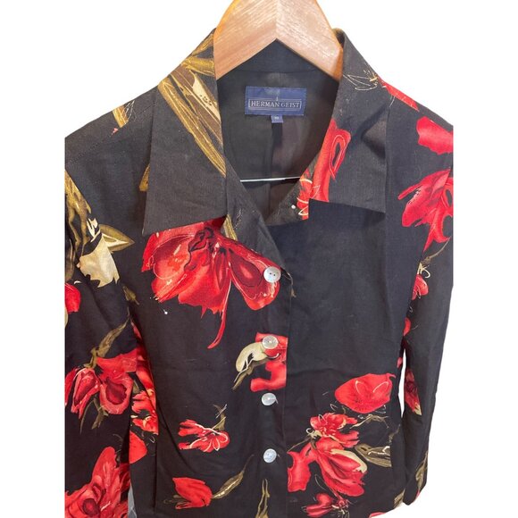 Herman Geist Womens Floral Button-Up Jacket Size 10 Black Red Gold Flower Print - Picture 4 of 10